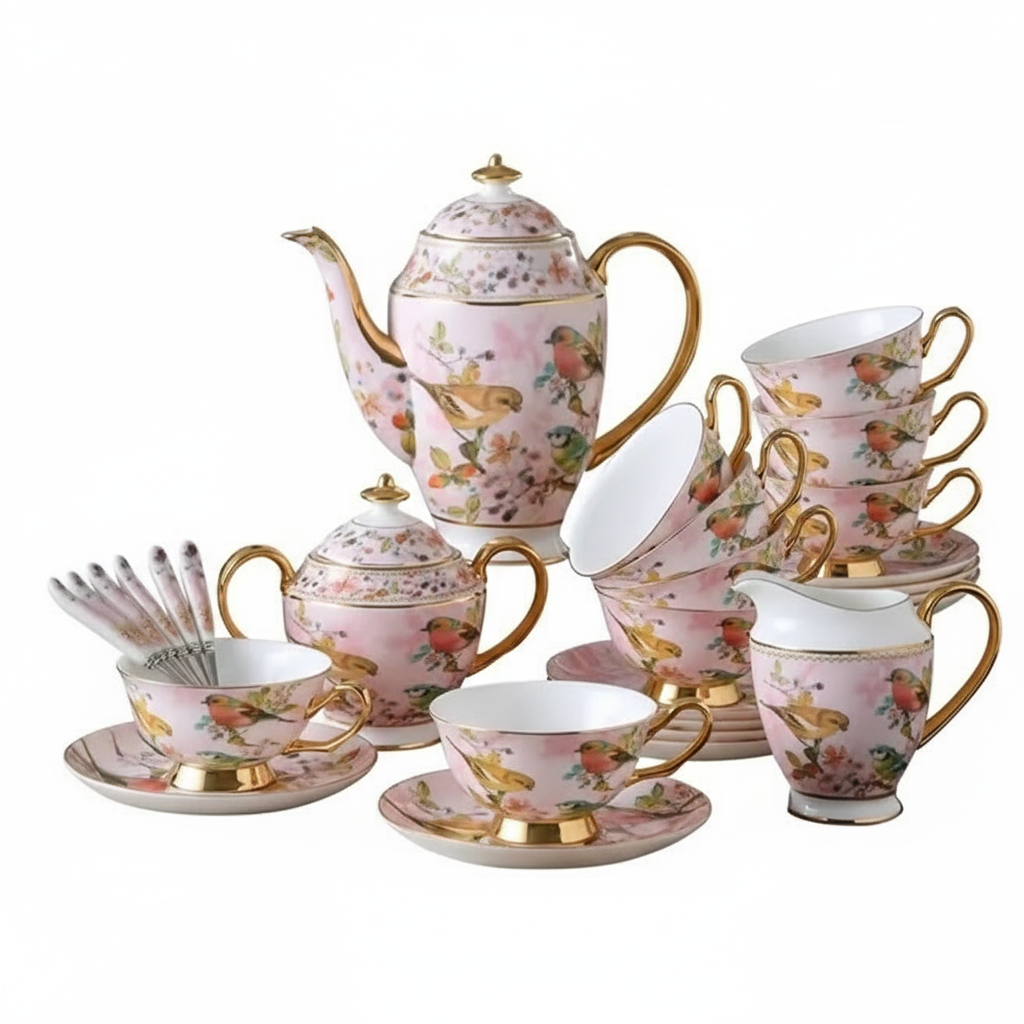 Servizio da Caffè In Porcellana Con Uccellino Rosa - 21 Pezzi