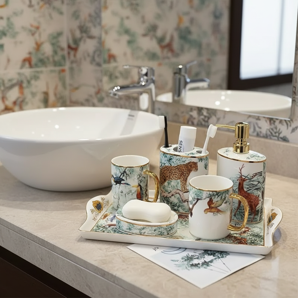 Servizio da 5 Pezzi per Bagno in Gres Porcellanato in Stile Country Europeo