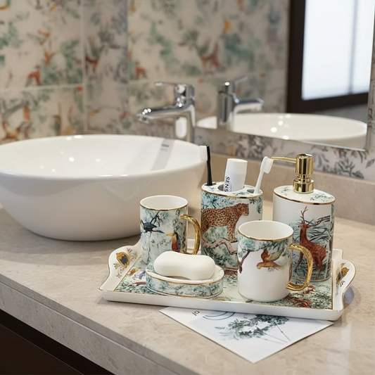 Servizio da 5 Pezzi per Bagno in Gres Porcellanato in Stile Country Europeo