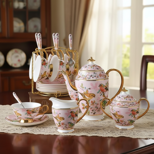 Servizio da Caffè In Porcellana Con Uccellino Rosa - 21 Pezzi