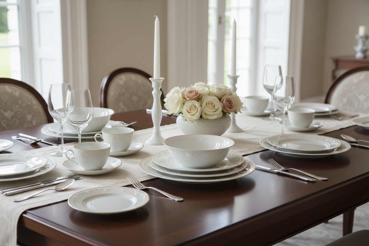 Crie um banner de uma imagem com uma mesa posta de pratos, tigelas, xicaras de porcelanato.